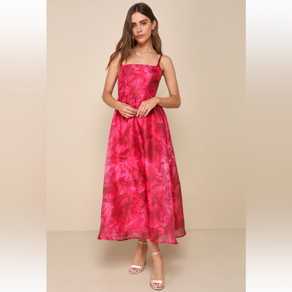 Darling Icon Dark Pink Floral Organza Lace-Up Midi Dress